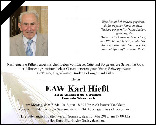 07.05.2018 - Nachruf Ehren-Amtswalter Karl Hießl